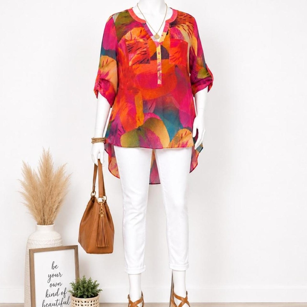 Cato Woman Plus Size 14/16W Abstract Floral Sheer Tunic Blouse NWT